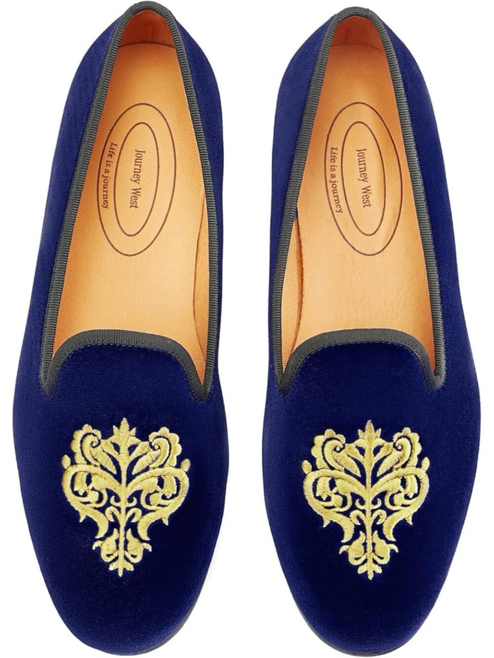 Journey West Men's Vine Blue Round Toe Tuxedo Embroidery Velvet Loafers